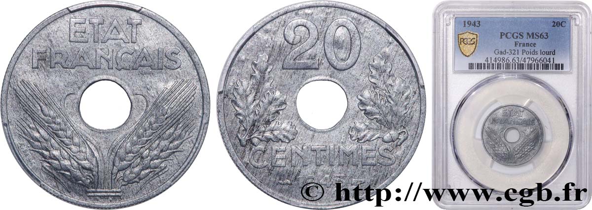 20 centimes État français, lourde 1943  F.153/5 MS63 PCGS