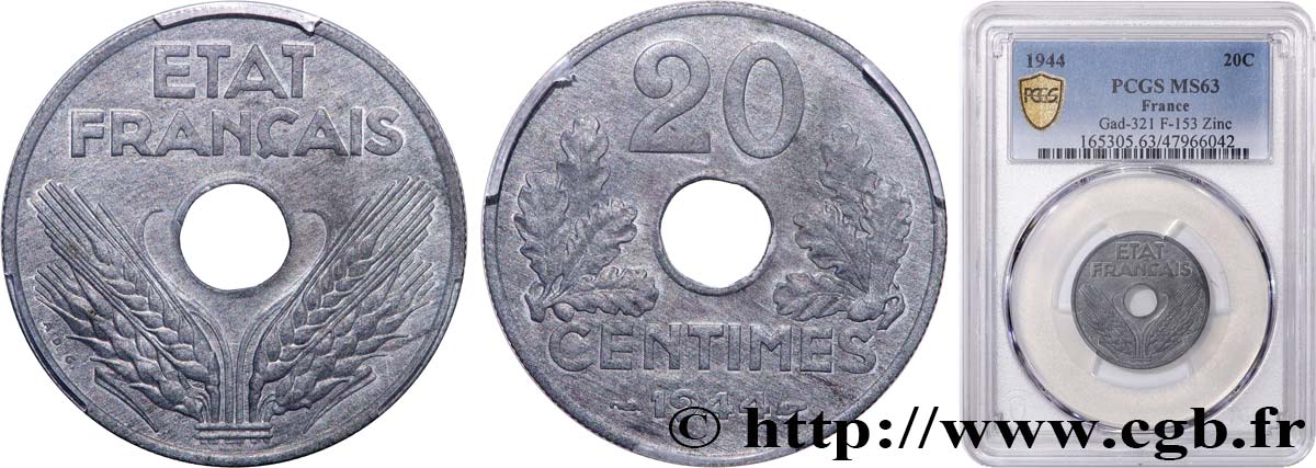 20 centimes État français, légère 1944  F.153A/2 fST63 PCGS