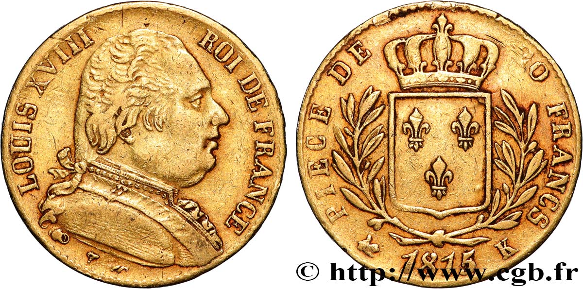 20 francs or Louis XVIII, buste habillé, 1815/4 1815 Bordeaux F.517/13 TB 