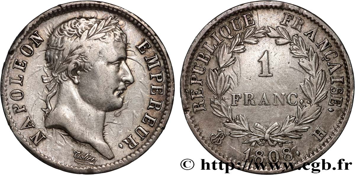 1 franc Napoléon Ier tête laurée, République française 1808 La Rochelle F.204/6 BC+ 