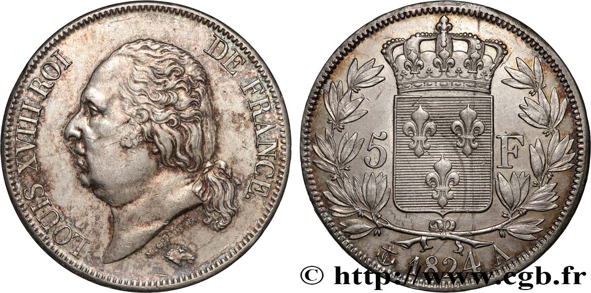 5 francs Louis XVIII, tête nue 1824 Paris F.309/88 MBC+ 