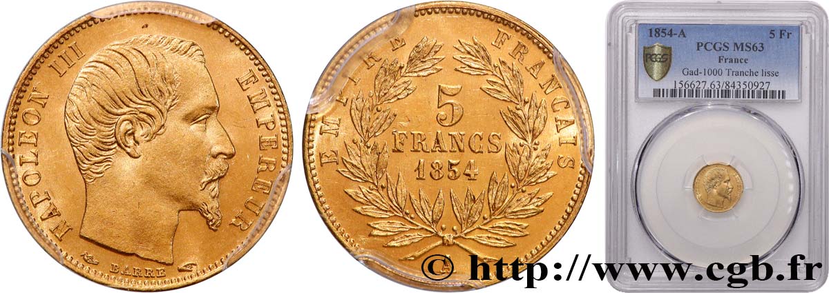 5 francs or Napoléon III, tête nue, petit module, tranche lisse 1854 Paris F.500/1 MS63 PCGS