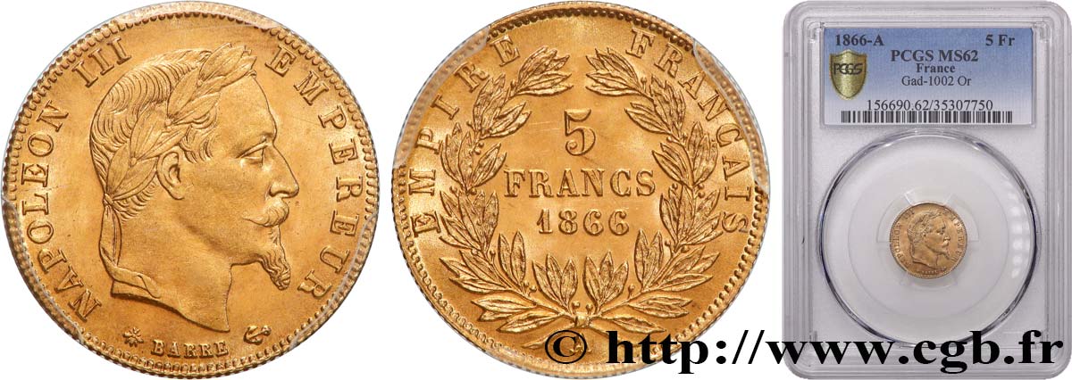 5 francs or Napoléon III, tête laurée 1866 Paris F.502/9 MS62 PCGS