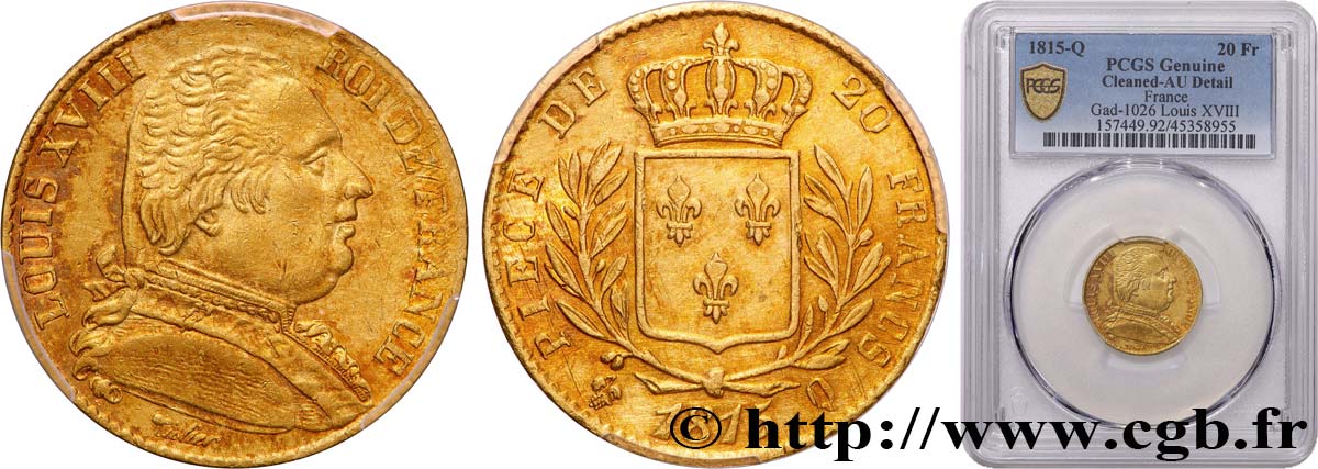 20 francs or Louis XVIII, buste habillé 1815 Perpignan F.517/16 AU PCGS
