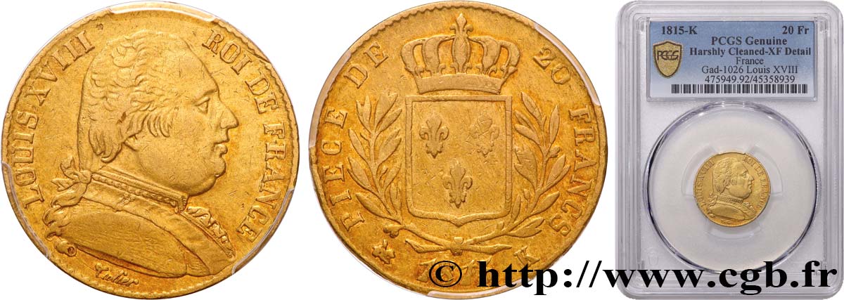 20 francs or Louis XVIII, buste habillé 1815 Bordeaux F.517/12 XF PCGS