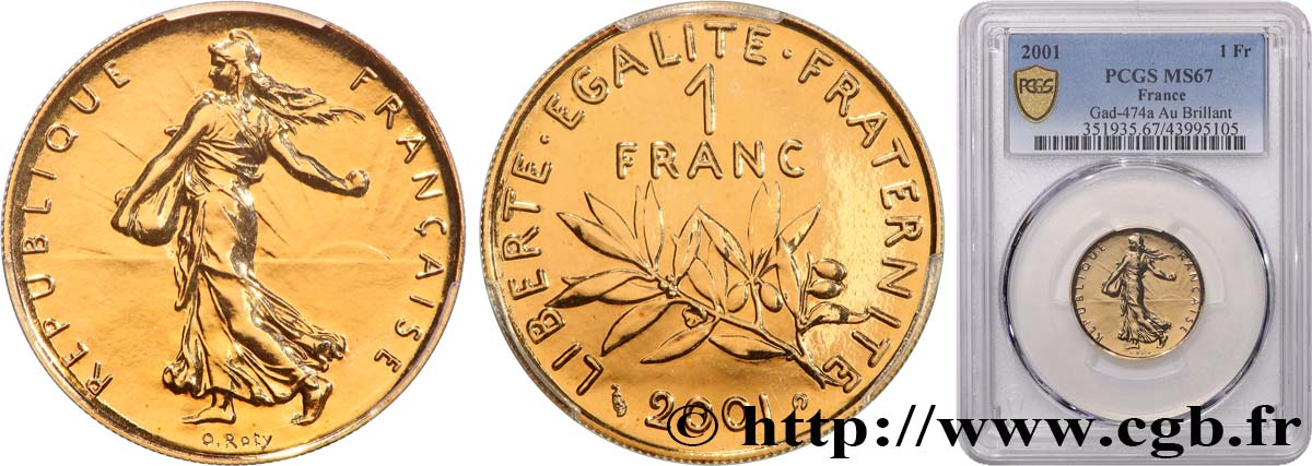 1 franc Semeuse Or, BU (Brillant Universel) 2001 Pessac F5.1007 2 FDC67 PCGS