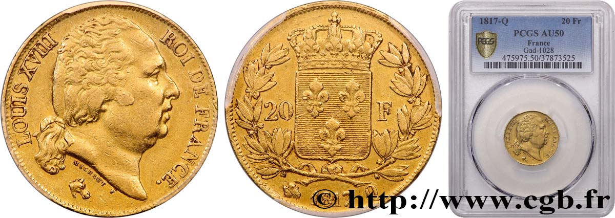 20 francs or Louis XVIII, tête nue 1817 Perpignan F.519/8 BB50 PCGS