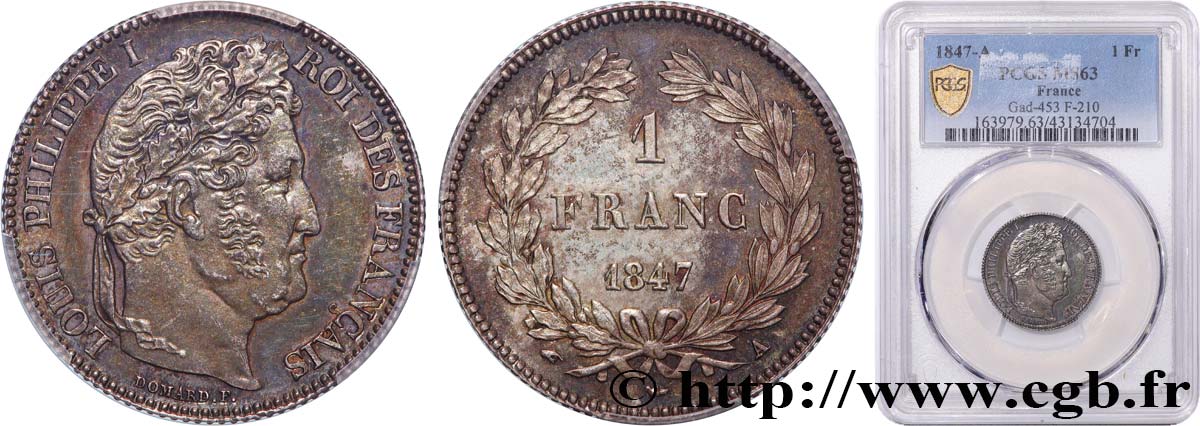 1 franc Louis-Philippe, couronne de chêne 1847 Paris F.210/110 fST63 PCGS