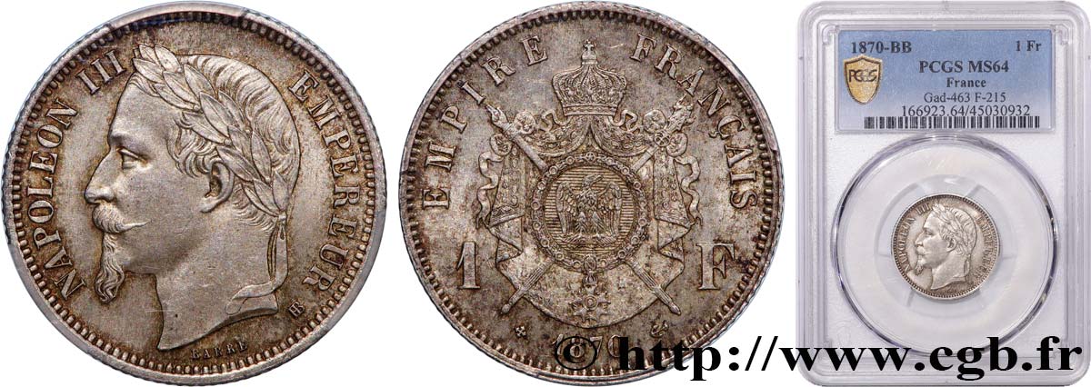 1 franc Napoléon III, tête laurée 1870 Strasbourg F.215/16 SPL64 PCGS