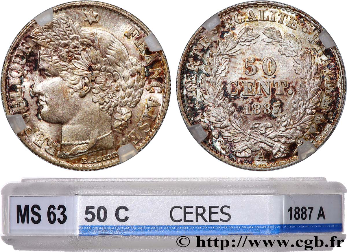 50 centimes Cérès, Troisième République 1887 Paris F.189/12 MS63 GENI