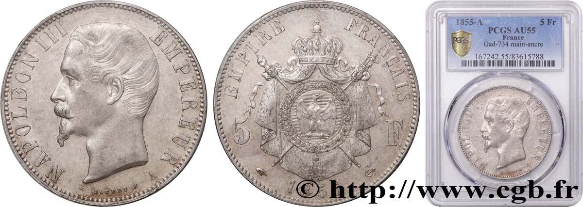 5 francs Napoléon III, tête nue 1855 Paris F.330/3 SUP55 PCGS