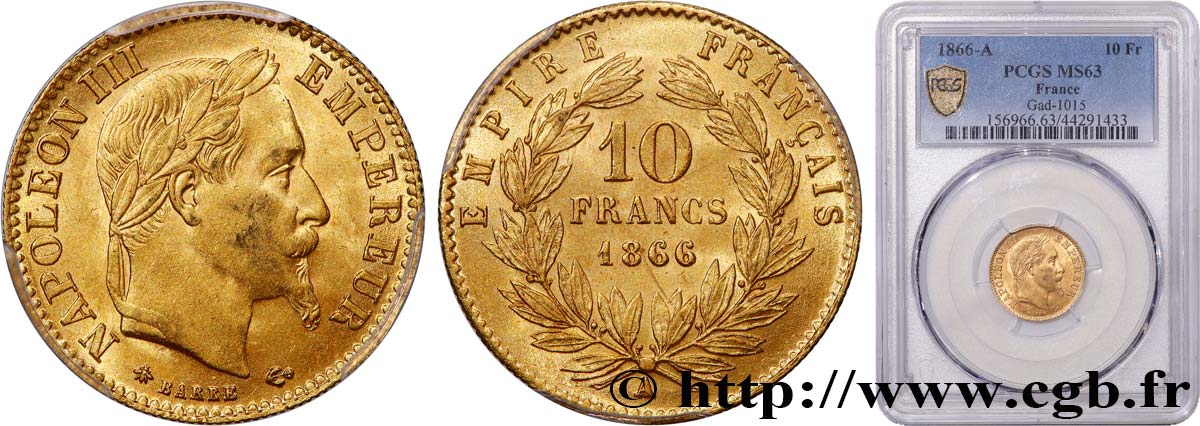 10 francs or Napoléon III, tête laurée 1866 Paris F.507A/12 MS63 PCGS