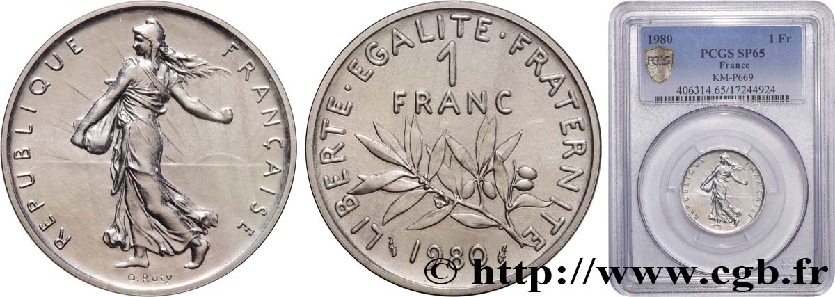 Piéfort Argent de 1 franc Semeuse 1980 Pessac GEM.104 P2 FDC65 PCGS