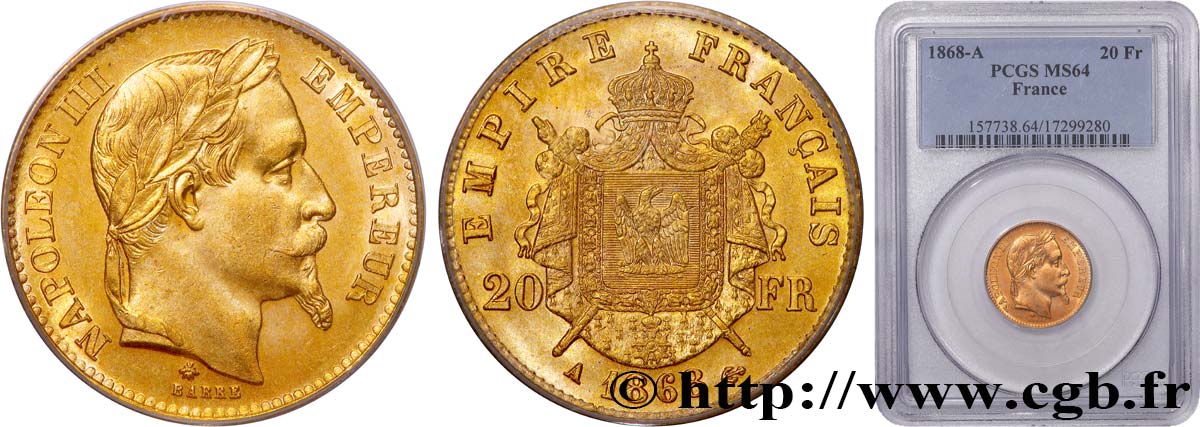 20 francs or Napoléon III, tête laurée 1868 Paris F.532/18 SC64 PCGS