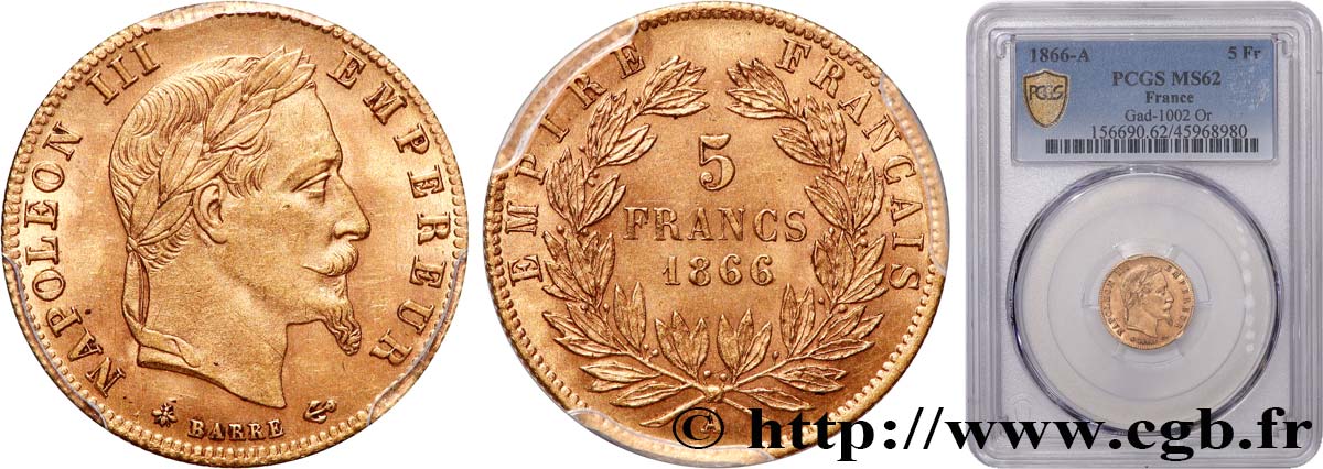 5 francs or Napoléon III, tête laurée 1866 Paris F.502/9 MS62 PCGS