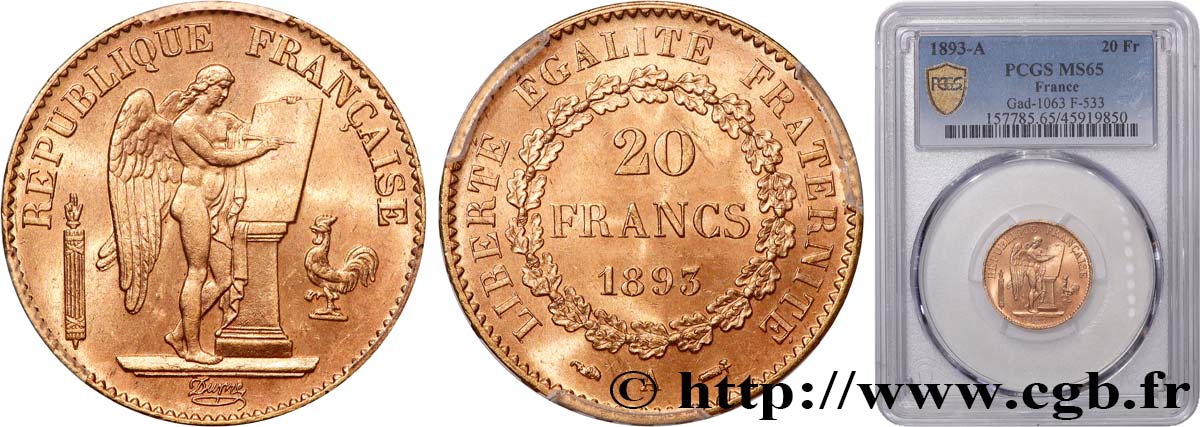 20 francs or Génie, Troisième République 1893 Paris F.533/17 FDC65 PCGS