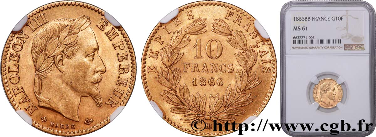 10 francs or Napoléon III, tête laurée 1866 Strasbourg F.507A/13 SPL61 NGC