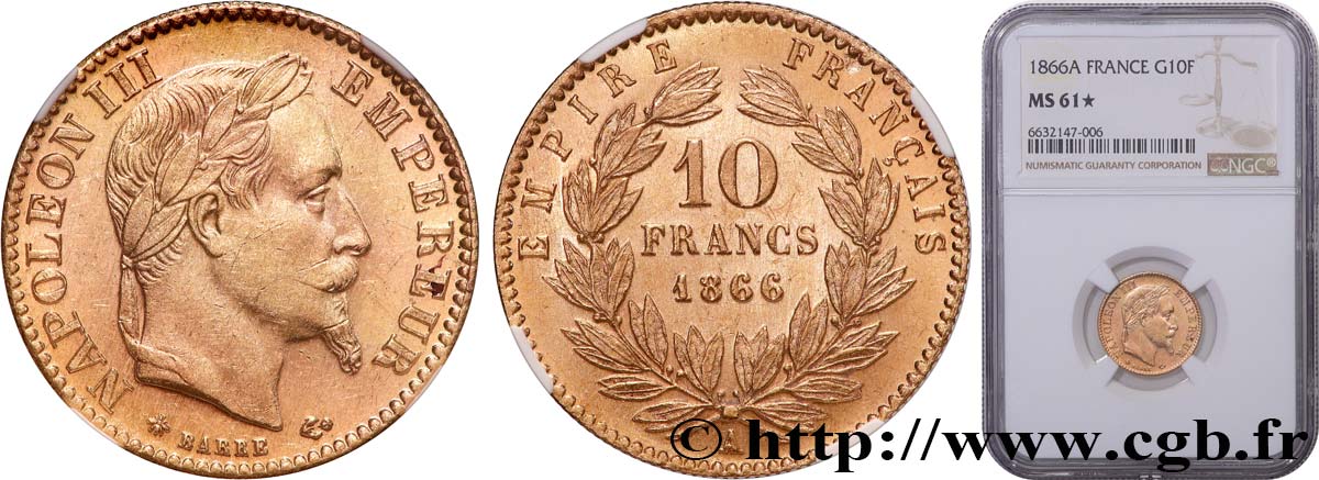 10 francs or Napoléon III, tête laurée 1866 Paris F.507A/12 SUP61 NGC