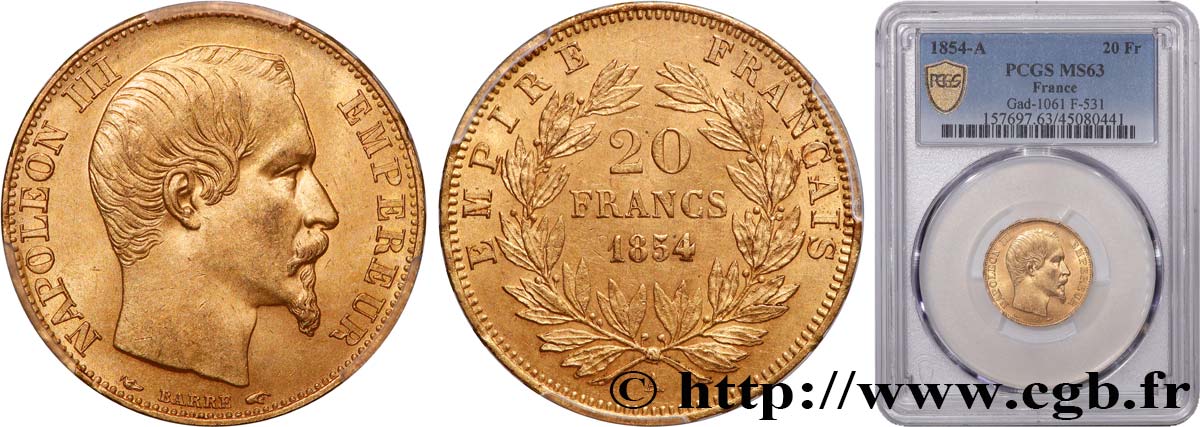 20 francs or Napoléon III, tête nue 1854 Paris F.531/2 fST63 PCGS