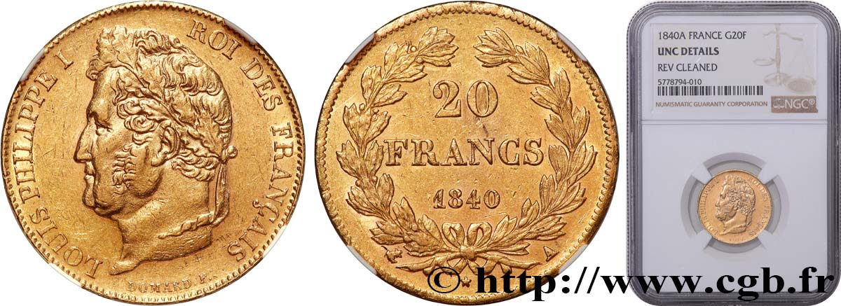 20 francs or Louis-Philippe, Domard 1840 Paris F.527/22 MS NGC