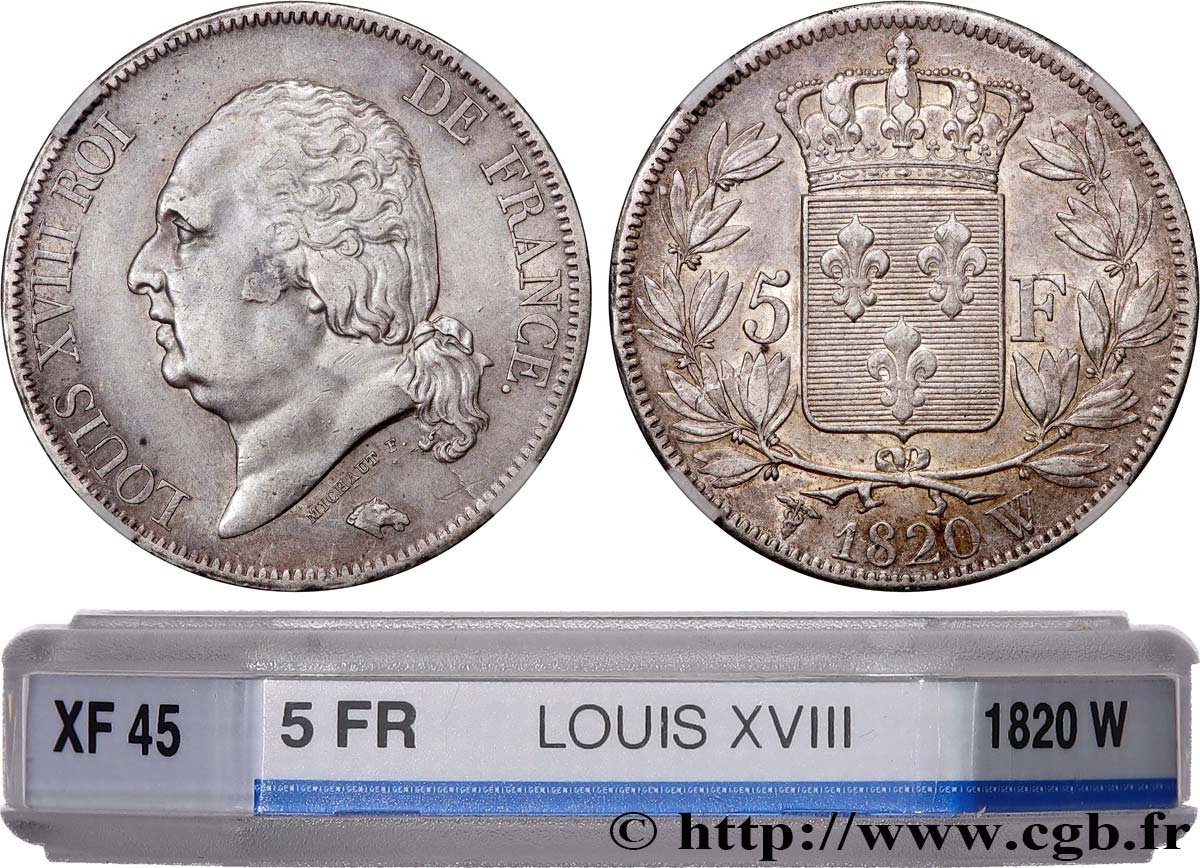 5 francs Louis XVIII, tête nue 1820 Lille F.309/59 MBC45 GENI
