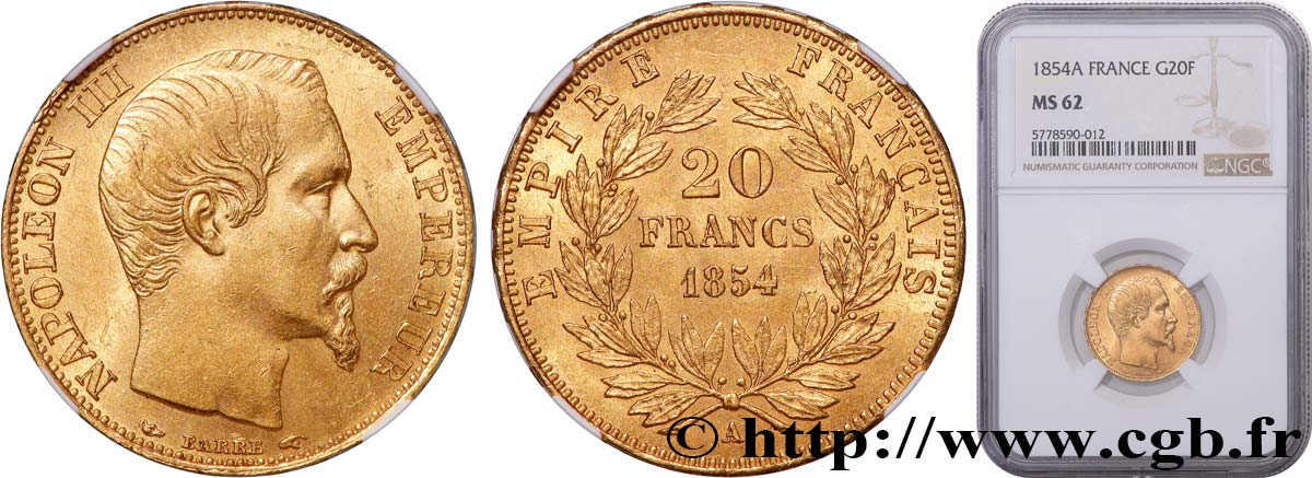 20 francs or Napoléon III, tête nue 1854 Paris F.531/2 SUP62 NGC