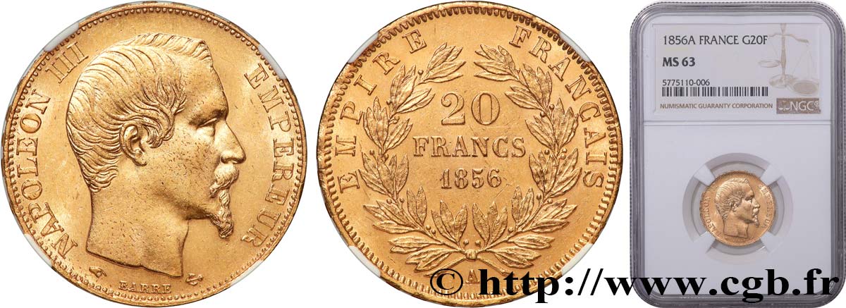 20 francs or Napoléon III, tête nue 1856 Paris F.531/9 MS63 NGC