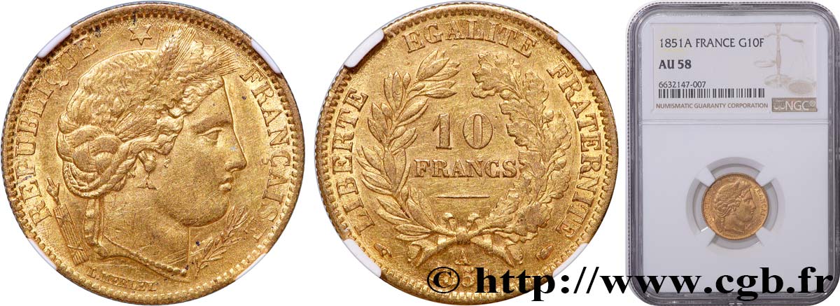 10 francs or Cérès, IIe République 1851 Paris F.504/3 VZ58 NGC