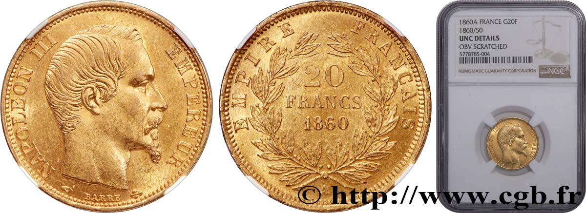 20 francs or Napoléon III, tête nue, 1860/50 1860 Paris F.531/17 SPL+ NGC