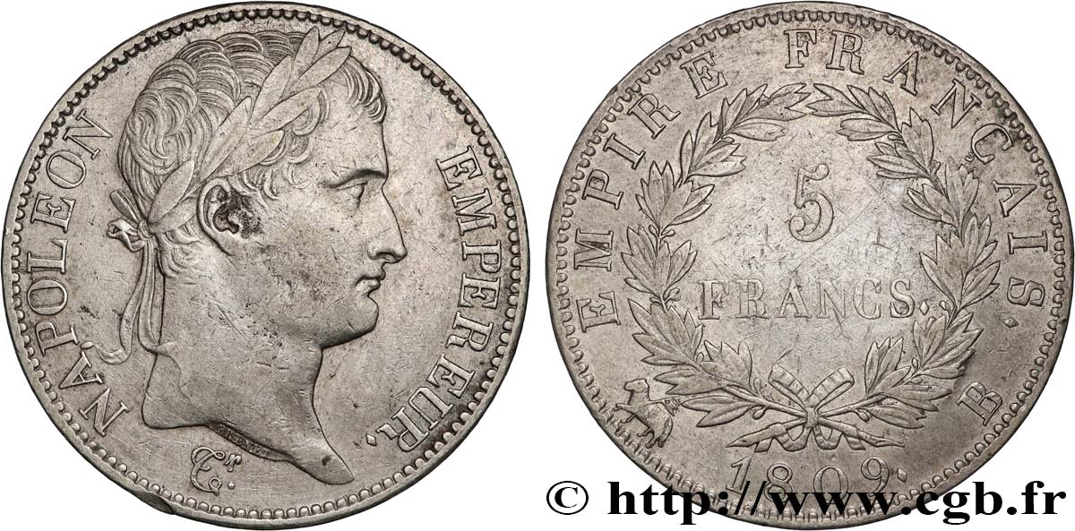 5 francs Napoléon Empereur, Empire français 1809 Rouen F.307/2 XF 