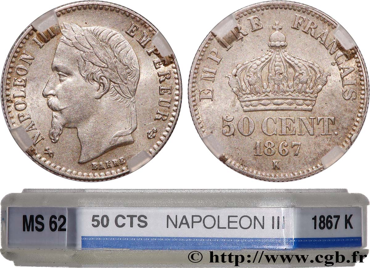 50 centimes Napoléon III, tête laurée 1867 Bordeaux F.188/18 MS62 GENI