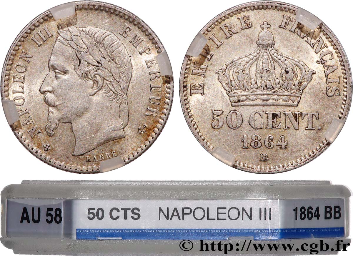 50 centimes Napoléon III, tête laurée 1864 Strasbourg F.188/3 SUP58 GENI