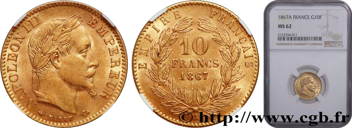 10 francs or Napoléon III, tête laurée 1867 Paris F.507A/15 SPL62 NGC