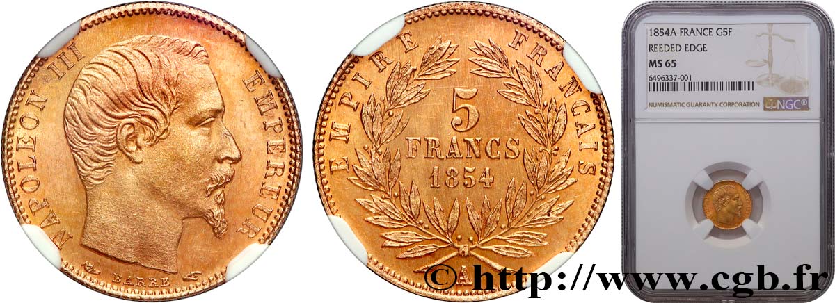 5 francs or Napoléon III, tête nue, petit module, tranche cannelée 1854 Paris F.500A/1 MS65 NGC