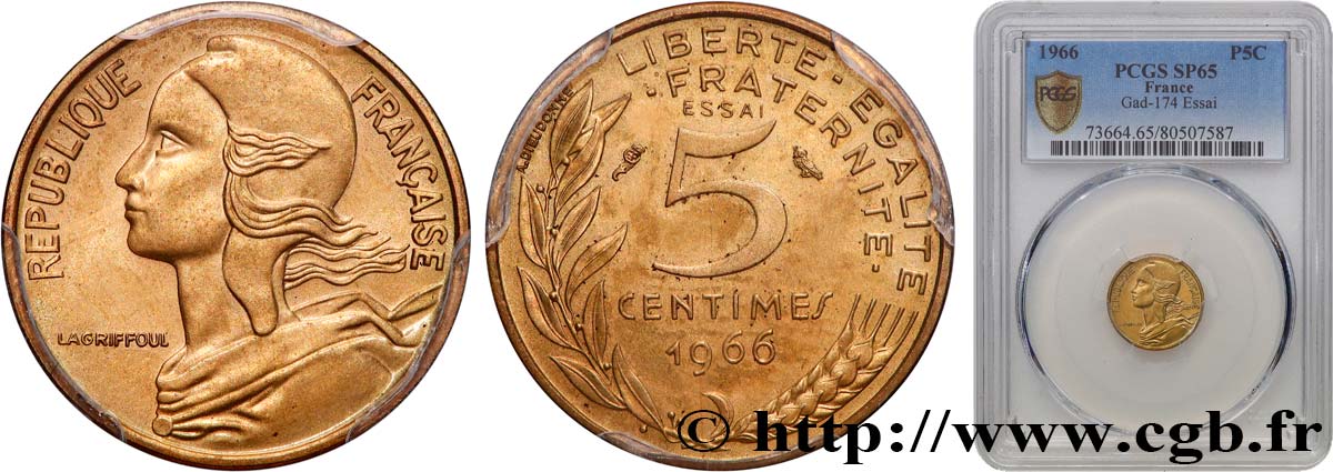 Essai de 5 centimes Marianne 1966 Paris F.125/1 FDC65 PCGS