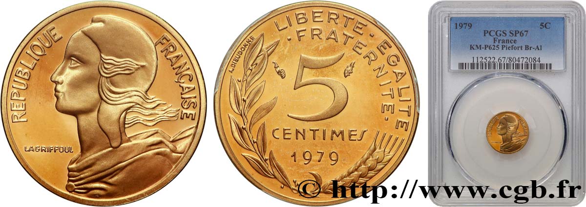 Piéfort Br-Al de 5 centimes Marianne 1979 Pessac GEM.22 P1 MS67 PCGS
