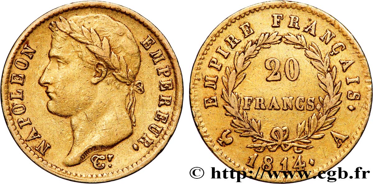 20 francs or Napoléon tête laurée, Empire français 1814 Paris F.516/39 BB 