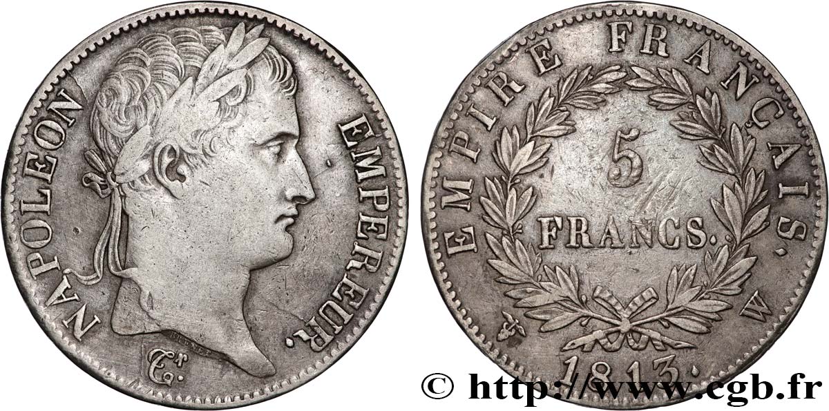 5 francs Napoléon Empereur, Empire français 1813 Lille F.307/75 TB+ 