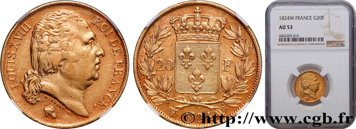 20 francs or Louis XVIII, tête nue 1824 Lille F.519/34 AU53 NGC