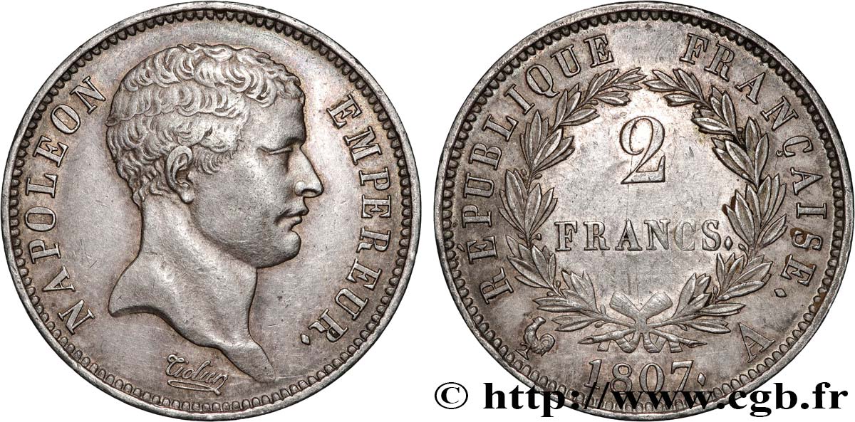 2 francs Napoléon Empereur, tête de nègre 1807 Paris F.253/1 AU55 