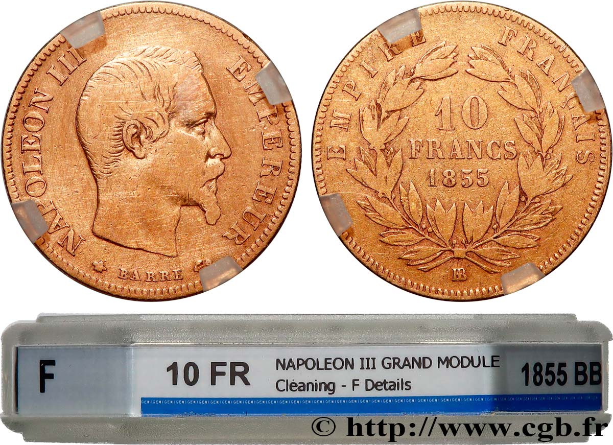 10 francs or Napoléon III, tête nue 1855 Strasbourg F.506/2 VG GENI