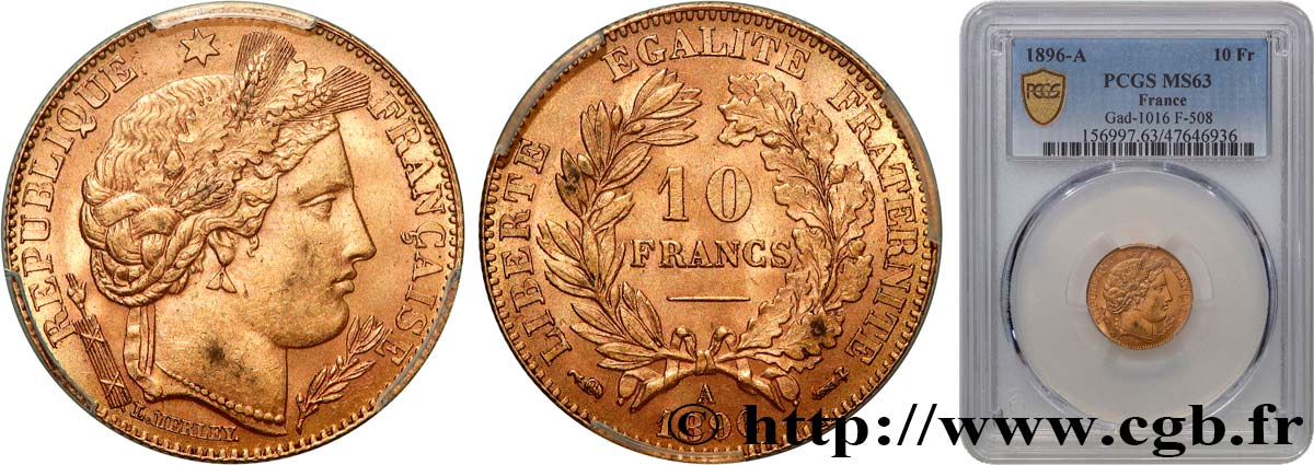 10 francs Cérès, Troisième république 1896 Paris F.508/4 SC63 PCGS