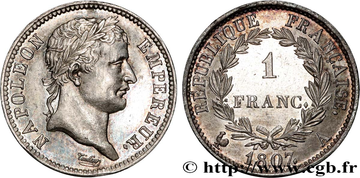 1 franc Napoléon Ier tête laurée, République française 1807 Paris F.204/1 EBC+ 