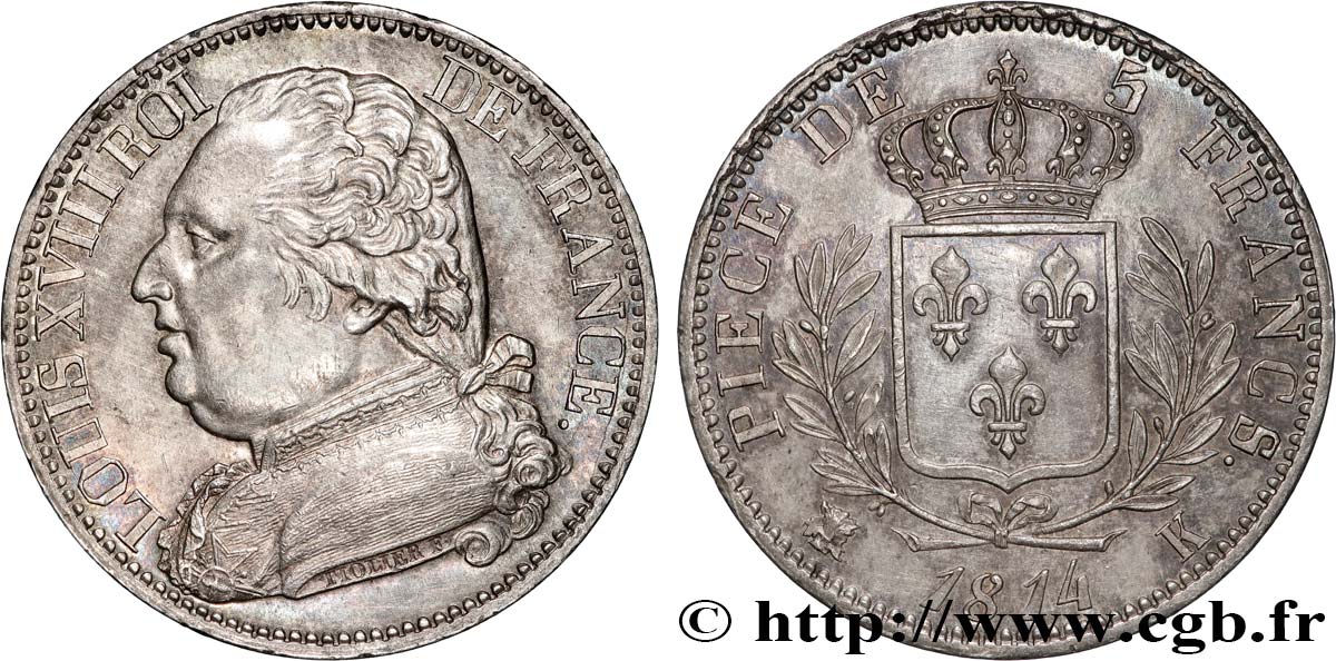5 francs Louis XVIII, buste habillé 1814 Bordeaux F.308/7 SPL+ 