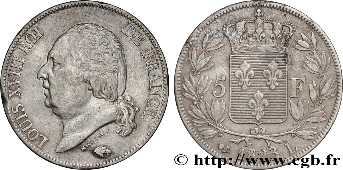 5 francs Louis XVIII, tête nue 1823 Bayonne F.309/83 VF 