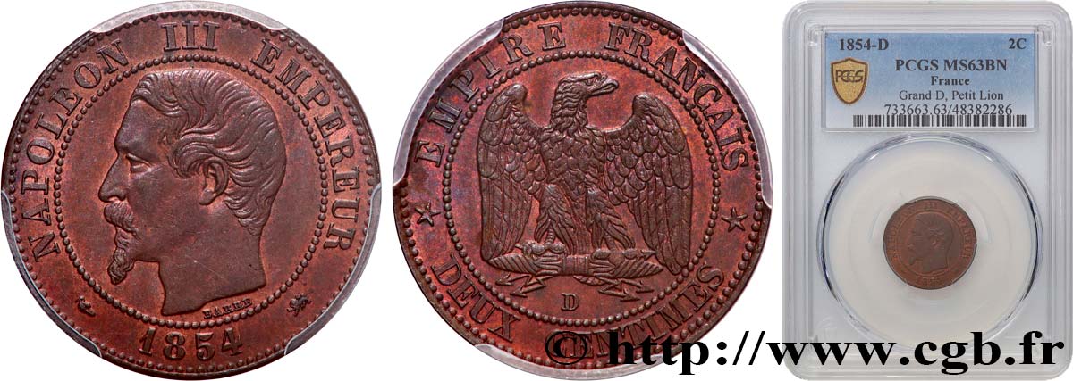 Deux centimes Napoléon III, tête nue 1854 Lyon F.107/15 SC63 PCGS