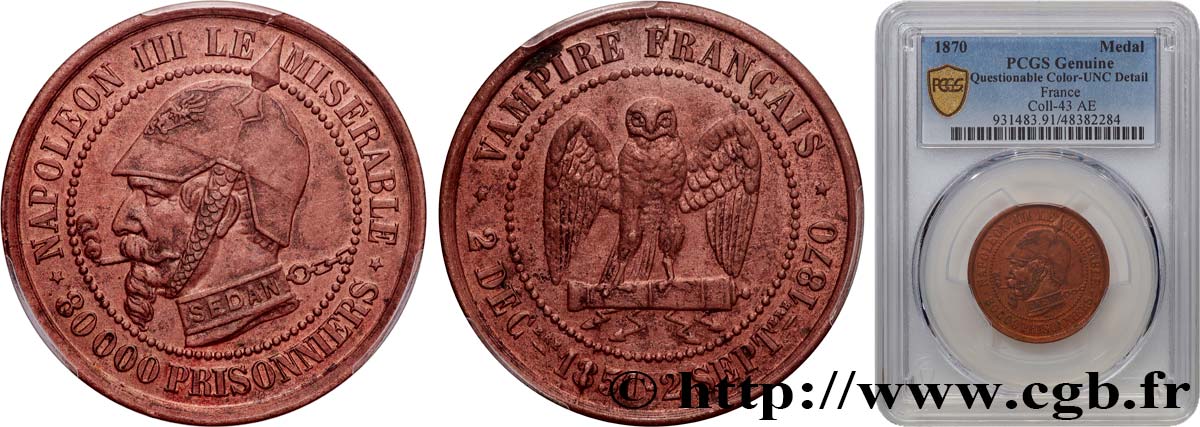 Médaille satirique Cu 27, type A “Éclairs et cigarette” 1870  Schw.A1a  SUP+ PCGS