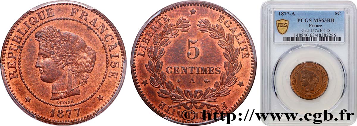 5 centimes Cérès 1877 Paris F.118/15 SPL63 PCGS