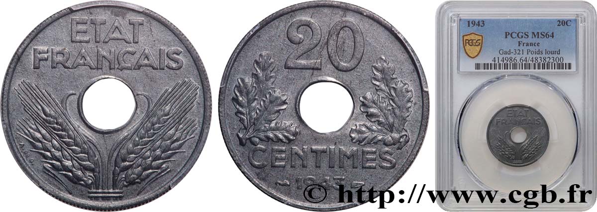 20 centimes État français, lourde 1943  F.153/5 fST64 PCGS