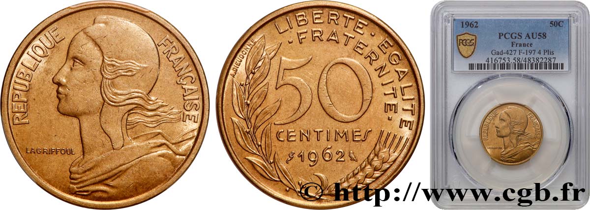 50 centimes Marianne, col à 4 plis 1962 Paris F.197/3 SUP58 PCGS